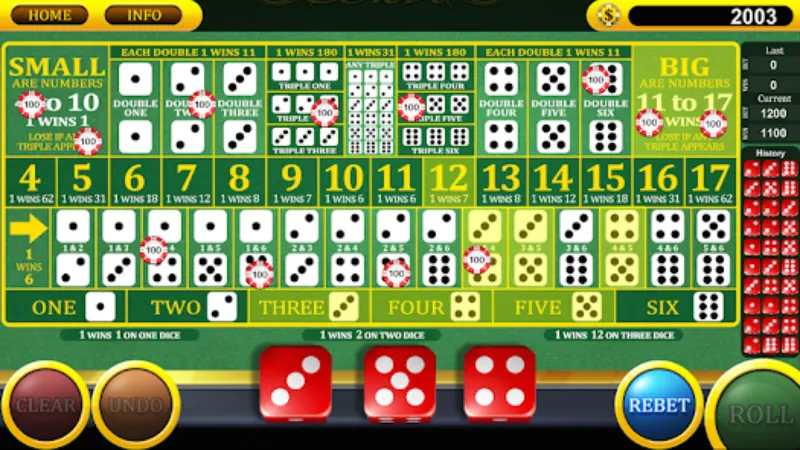 Betting options when playing sicbo